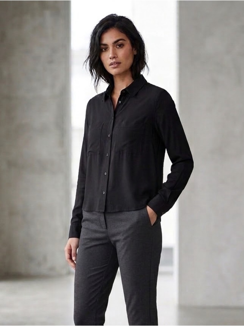 Spense Black Button-Front Blouse